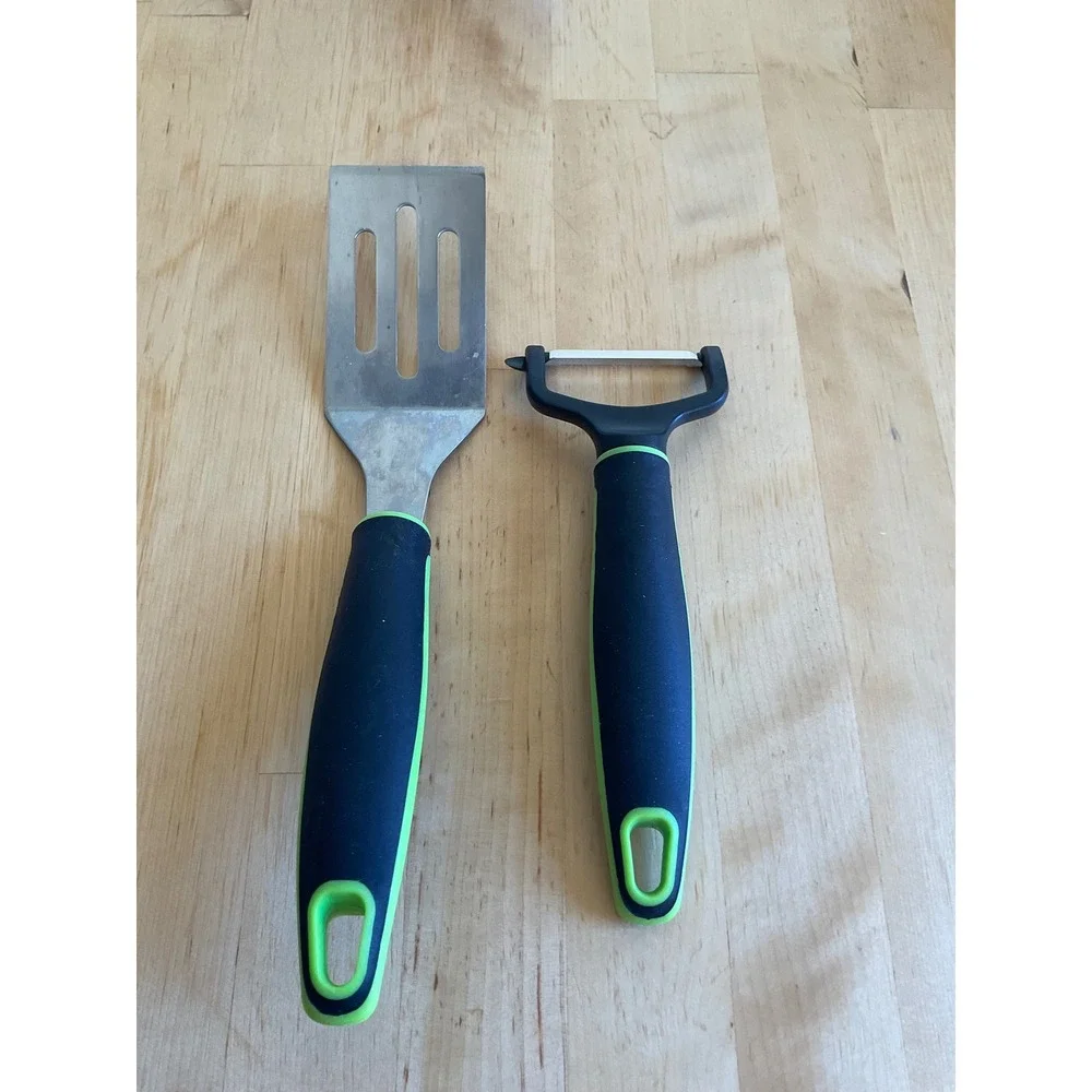 Kitchen Tool Set Slotted Spatula Turner and Serrated Y Peeler Black Lime Green